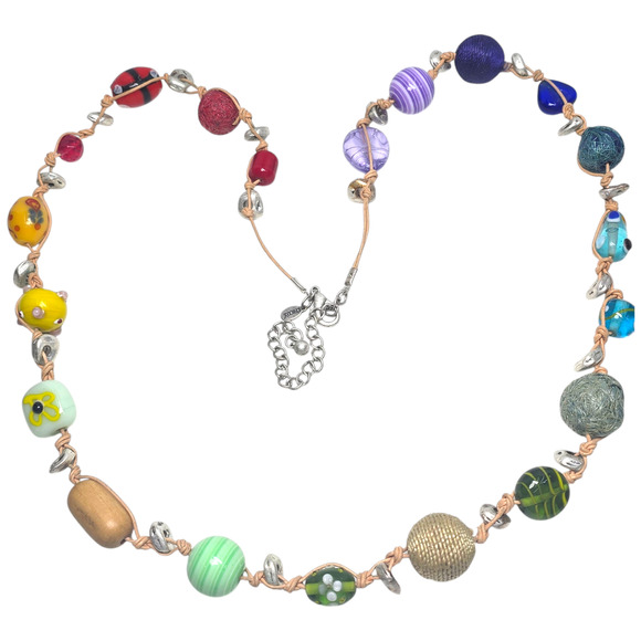 Chico's Long Large Colorful Rainbow Beaded Necklace Glass Wood Thread Multi - Picture 1 of 5